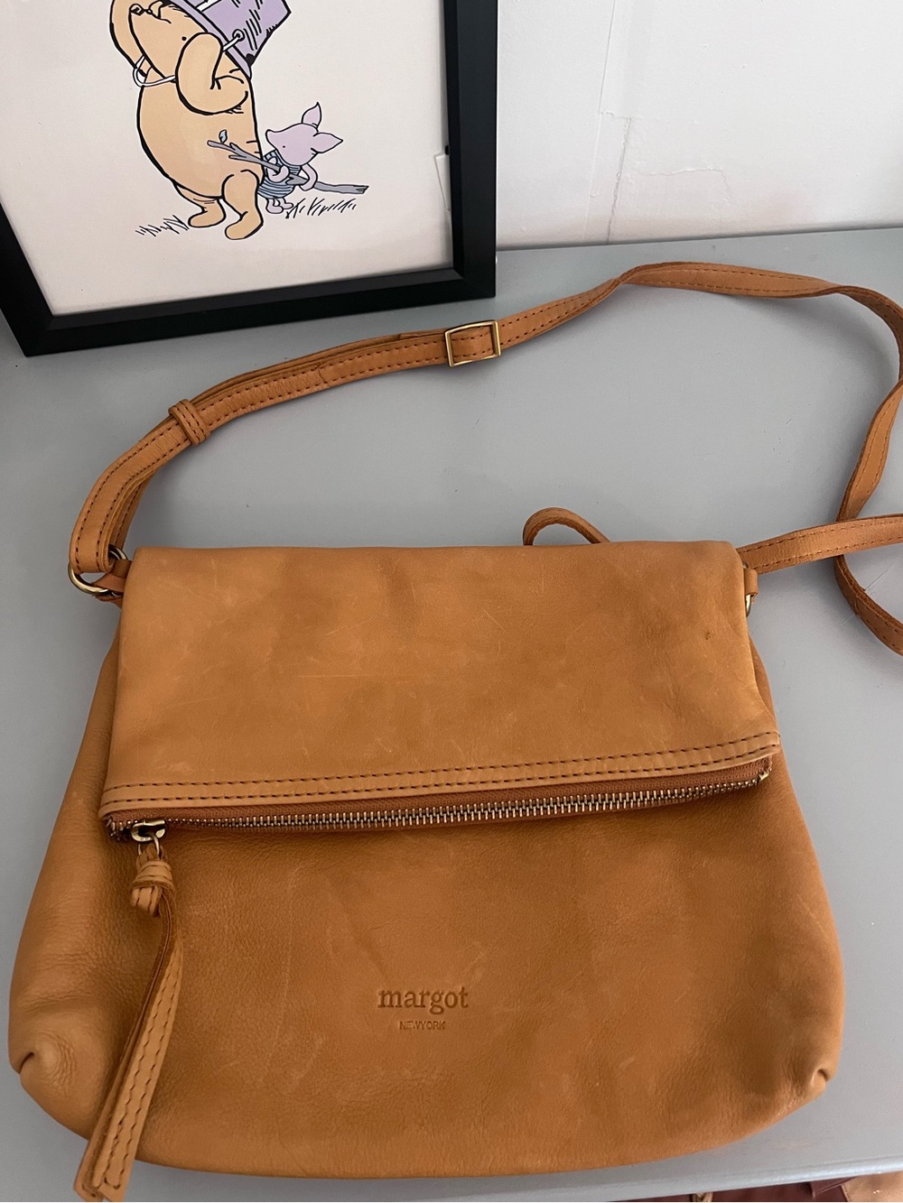 Margot New York Genuine Leather Foldover Crossbody Bag Tan Cognac
